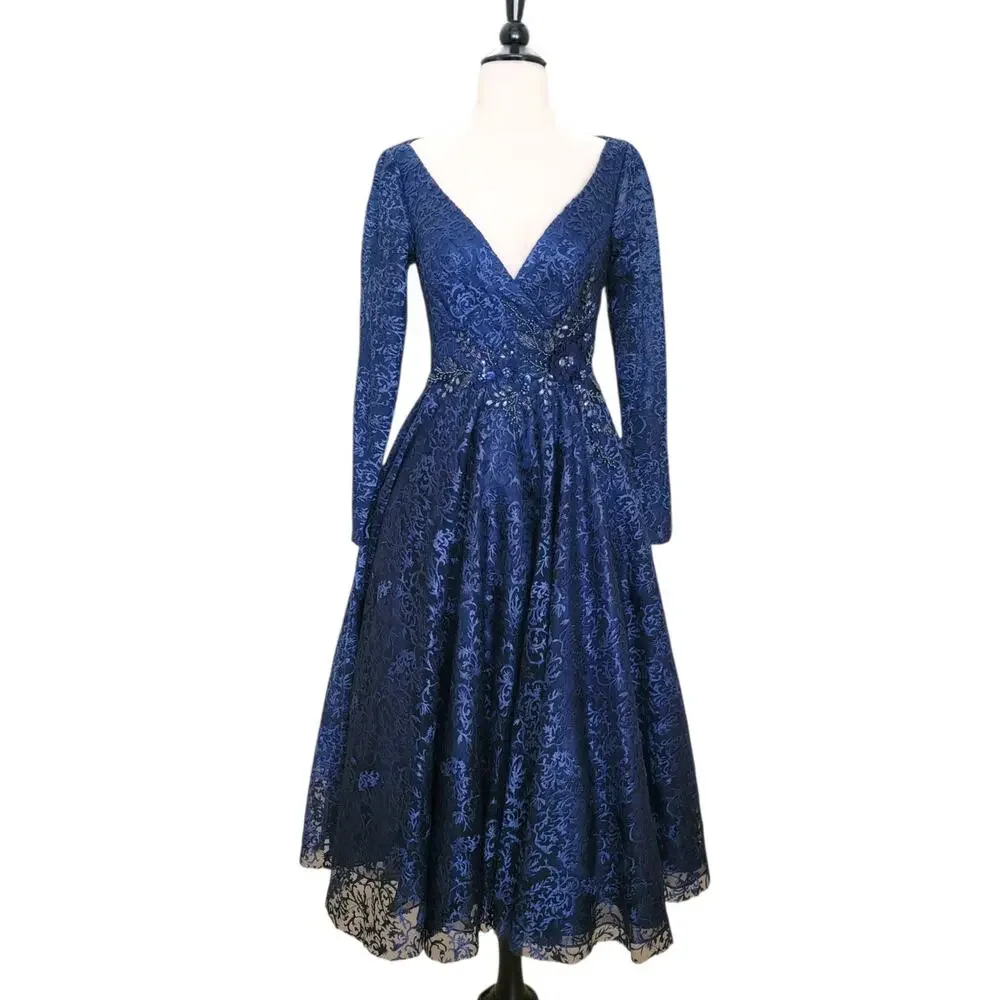 Mac Duggal 112181 Navy Blue Long Sleeve Floral Midi Tea Length Formal Dress 4 - Picture 2 of 11